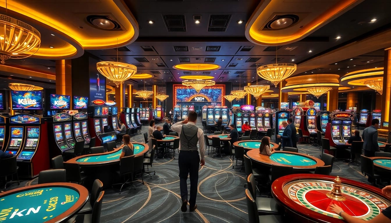 KJC gaming floor with players enjoying slots and poker in a luxurious casino setting.