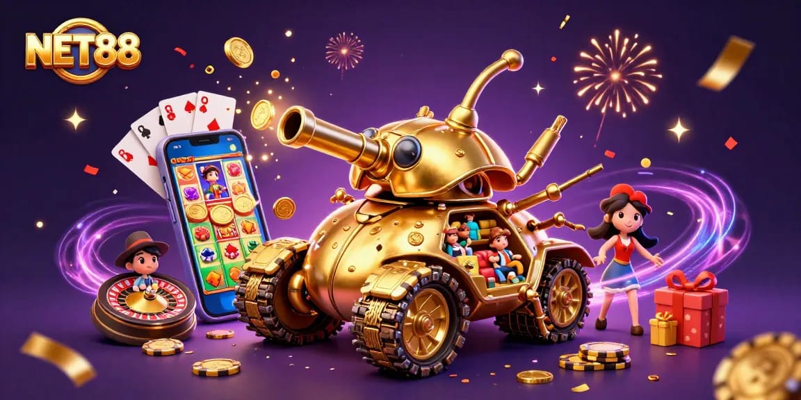 Engage with NET88's vibrant casino scene featuring a golden beetle tank and dynamic gaming elements.