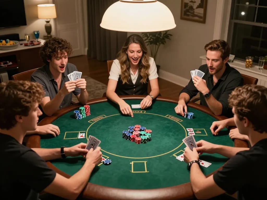 Players engage in poker while strategically assessing cards during home game night, highlighting imcatherinemcgrath's gaming strategies.