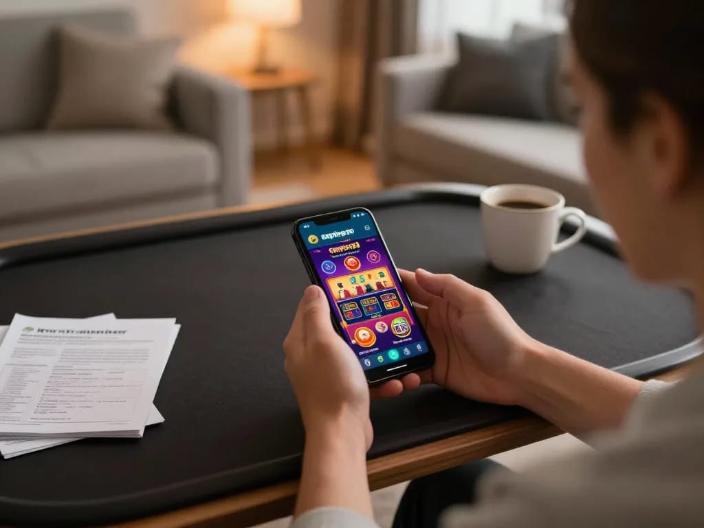 Terlibat dalam permainan mobile dengan aplikasi empire99 di lingkungan rumah yang nyaman, menunjukkan momen taruhan strategis