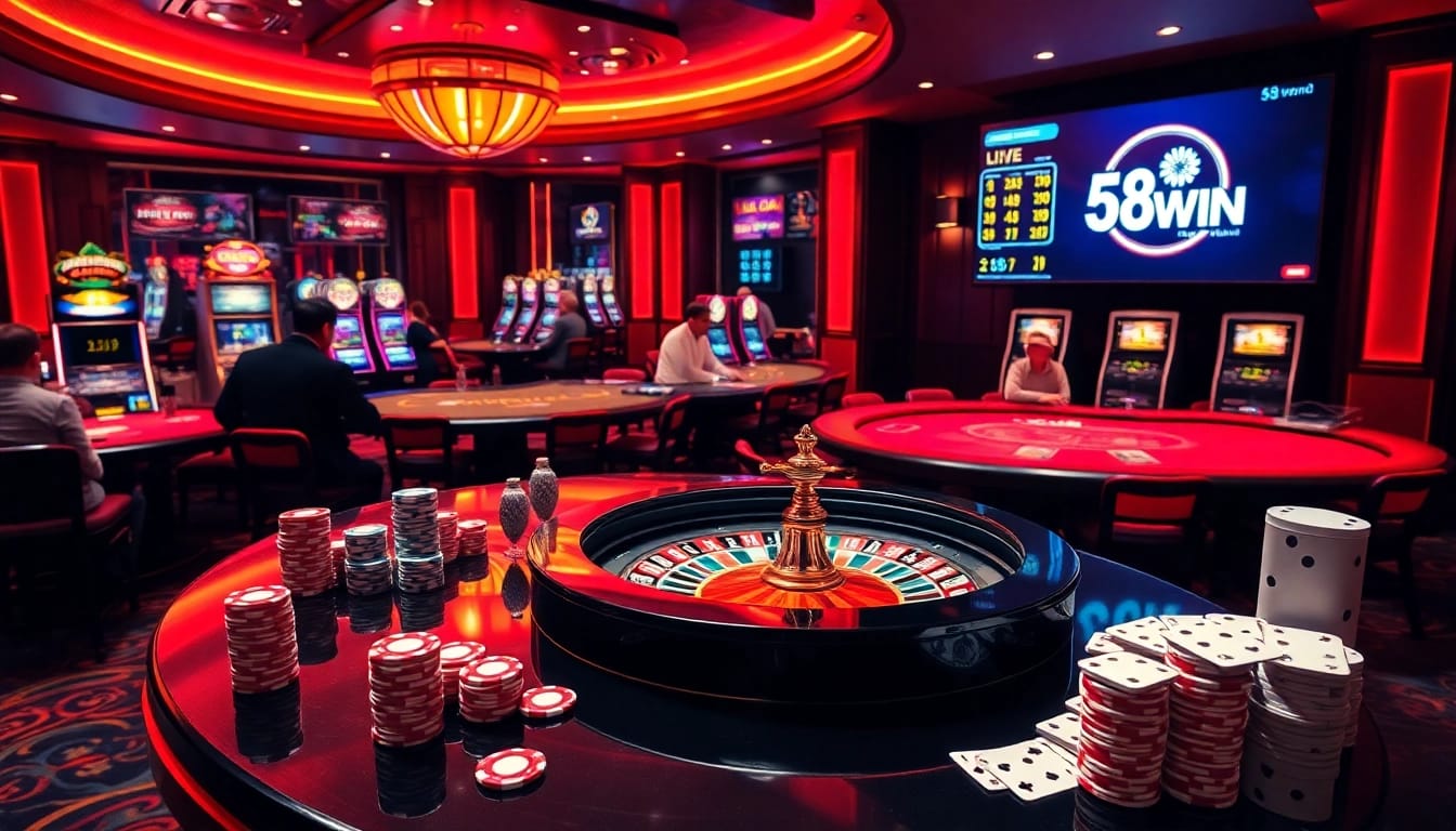 Players enjoying a thrilling gaming experience at 58WIN casino with cards and chips.