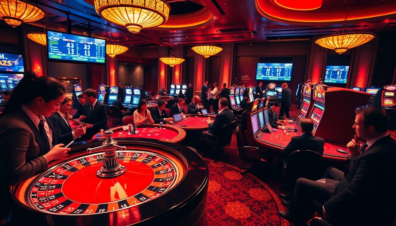 Kèo nhà cái 5 showcased in an exciting gambling scene with roulette, poker, and sports betting elements.