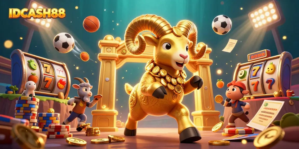 Bet big and win with IDCASH88, featuring a vibrant 3D casino illustration of slot machines and sports elements.