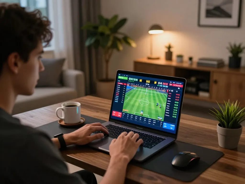 FABET user placing strategic bets on a laptop in a cozy home office setting