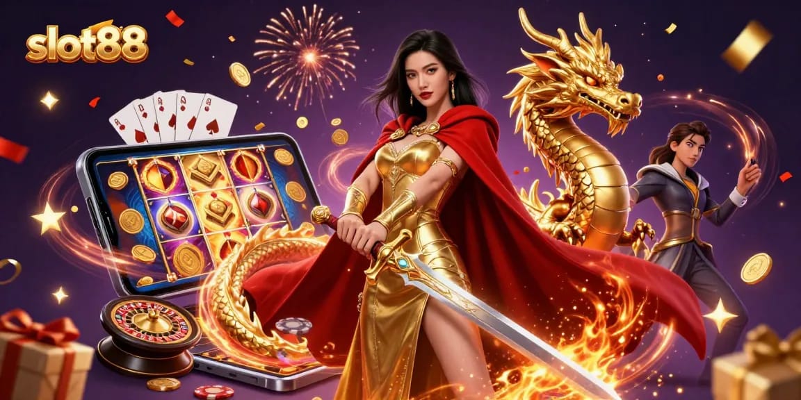 Experience thrilling wins with slot88 featuring a warrior queen amidst vibrant casino games and symbols.
