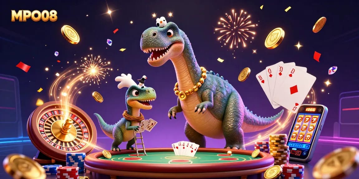 Experience the excitement of MPO08 gaming as a giant brontosaurus oversees a thrilling poker table in a vibrant casino setting.