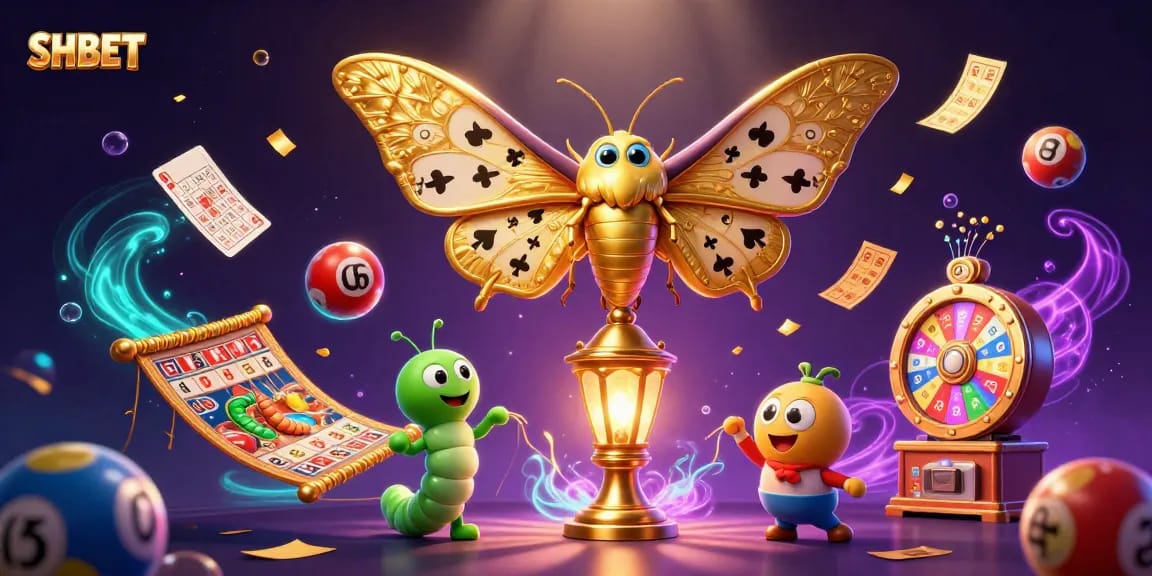 Engage with the vibrant SHBET universe as golden moths and playful lottery balls create a dynamic casino experience.
