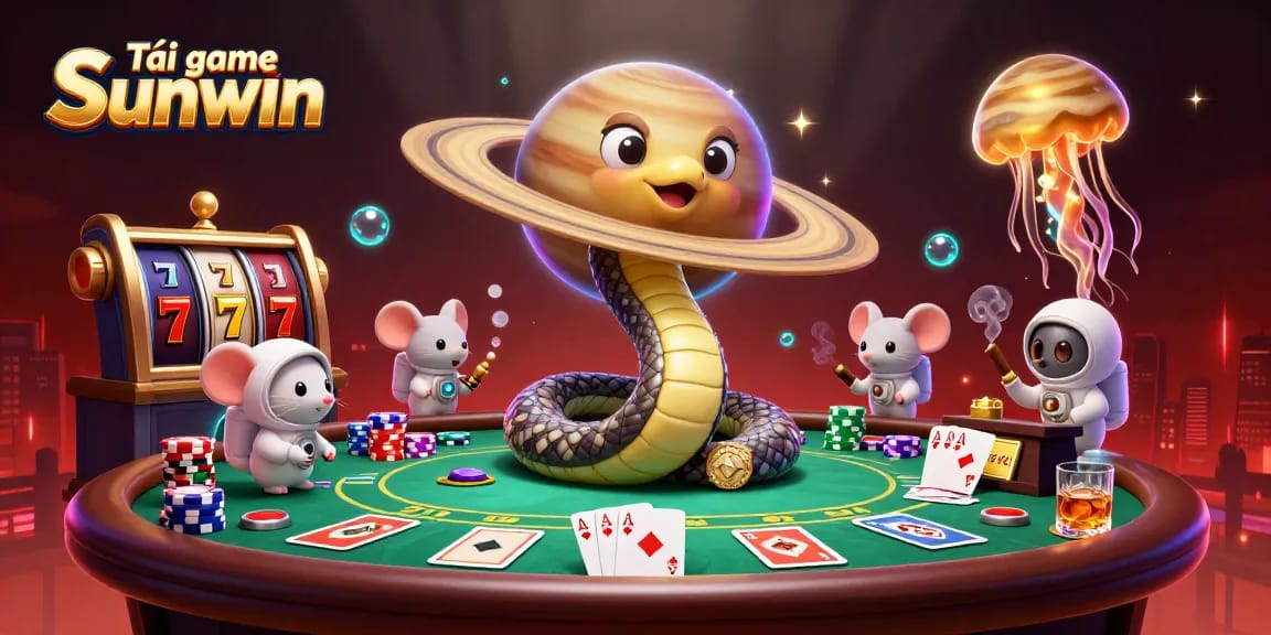 Engage in Tải game Sunwin with a vibrant 3D scene of characters betting at a cosmic casino.