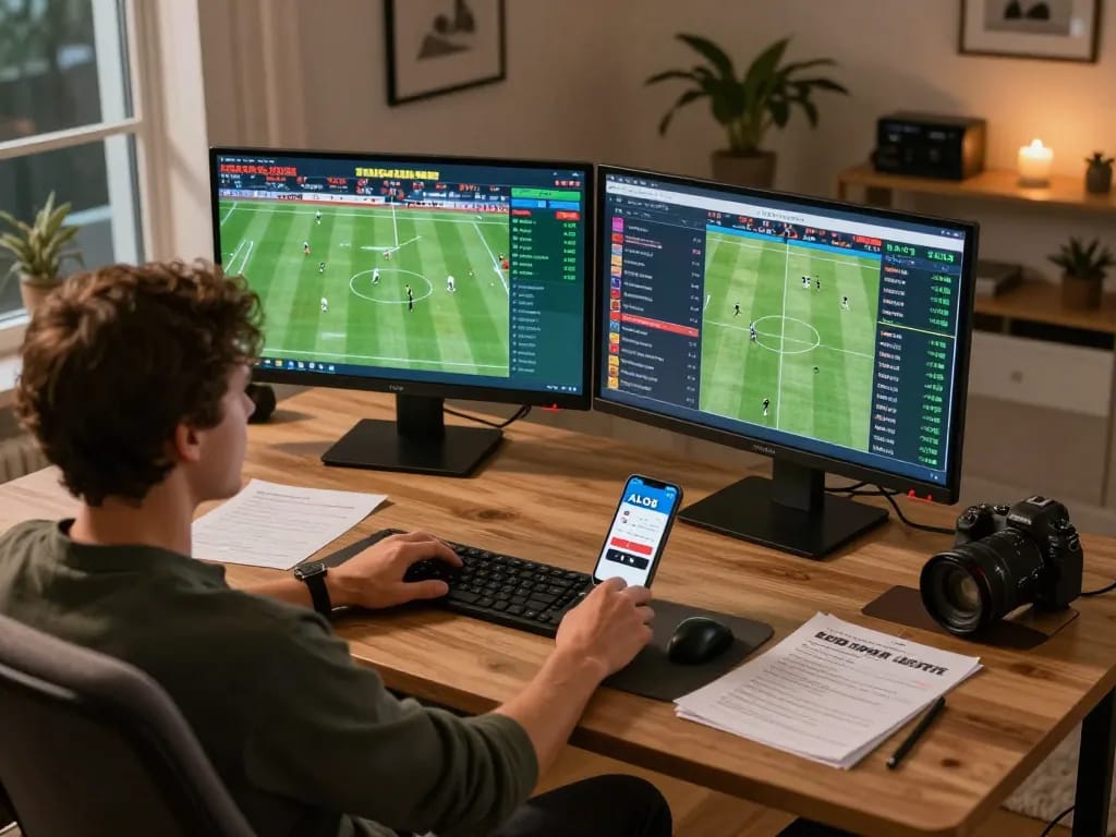 Person engaging in online sports betting at ALO8 with multiple screens displaying live odds and apps.