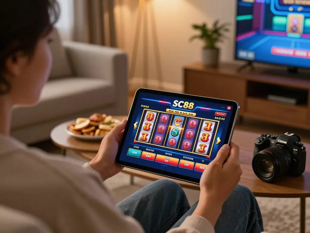 Engaging moment of using SC88 app for online casino gaming in a cozy home
