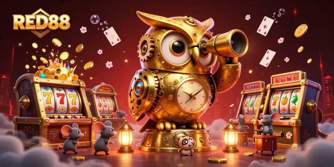 Engage in the exciting casino experience at RED88 with vibrant characters, gold coins, and dynamic gaming elements.