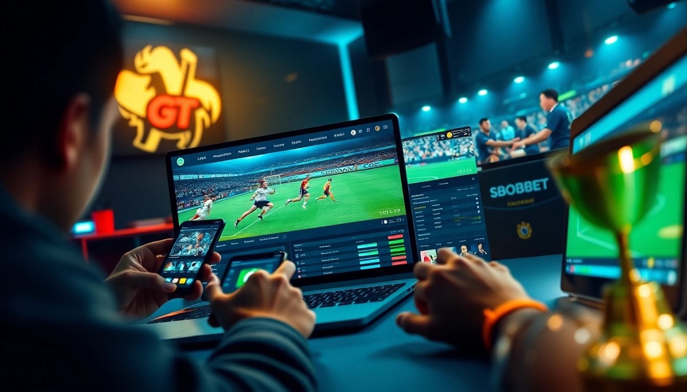 SBOBET online sports betting interface showcasing vibrant games and excited users interacting with digital platforms.