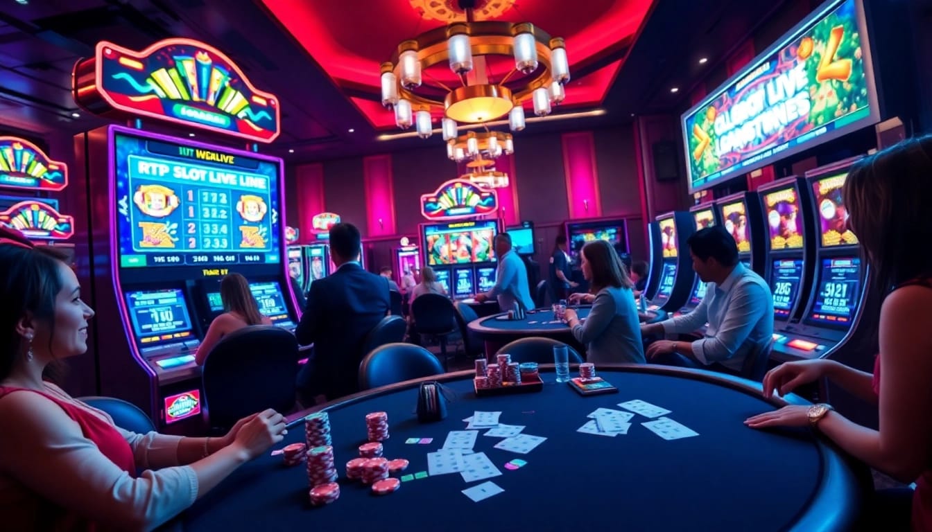 RTP Slot Live interface on vibrant casino slot machines showcasing winning strategies in an exciting atmosphere.