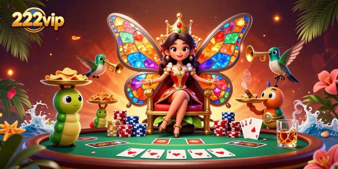 Explorando opções de apostas no 222vip com uma rainha borboleta e elementos de poker.