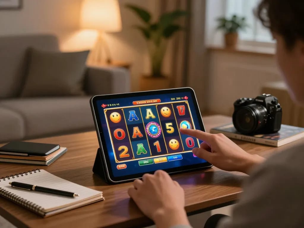 Engaging upintogel login scene where a player is about to spin online slots on a tablet in a cozy home setting.