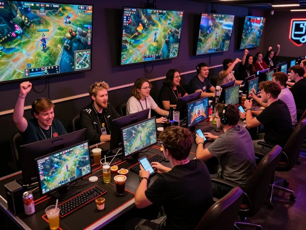 Esport betting Singapore scene with fans engaging in live betting during a competitive esports match.