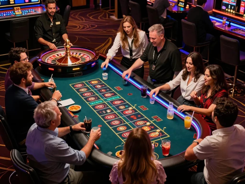 Players engaging at non gamstop casinos roulette table amidst excitement and vibrant atmosphere