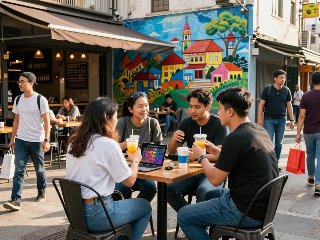 Teman-teman berdiskusi tentang strategi judi bola online di kafe kota yang ramai.