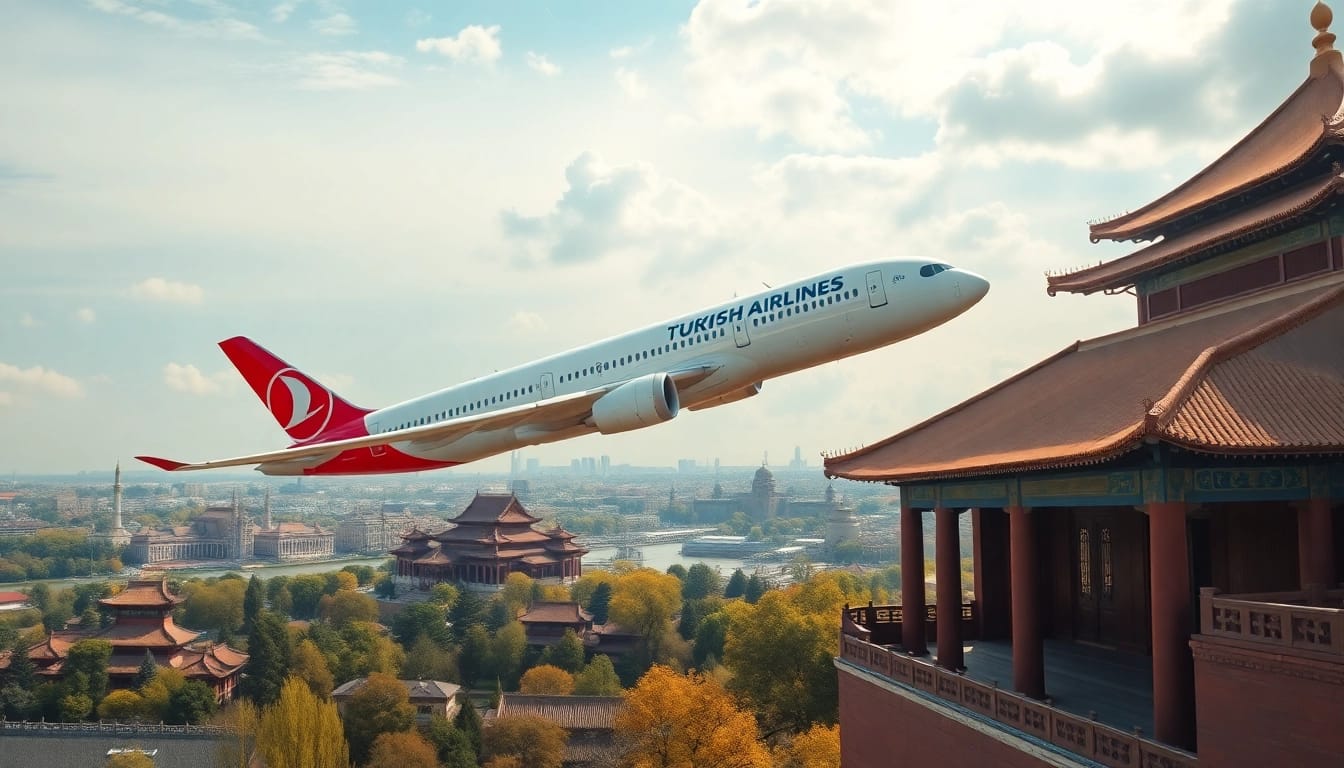 tk88 flight of Turkish Airlines Boeing 787 soaring over Istanbul and Beijing in a vibrant landscape