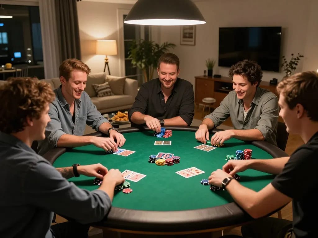 Friends enjoying an engaging poker game at home, showcasing the fun of 88aa gaming sessions with cards and chips.