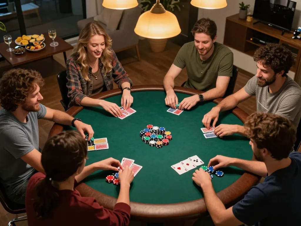 Nohu90 players engaging in a thrilling poker night, showcasing social gaming dynamics and strategic gameplay in a cozy home setting.