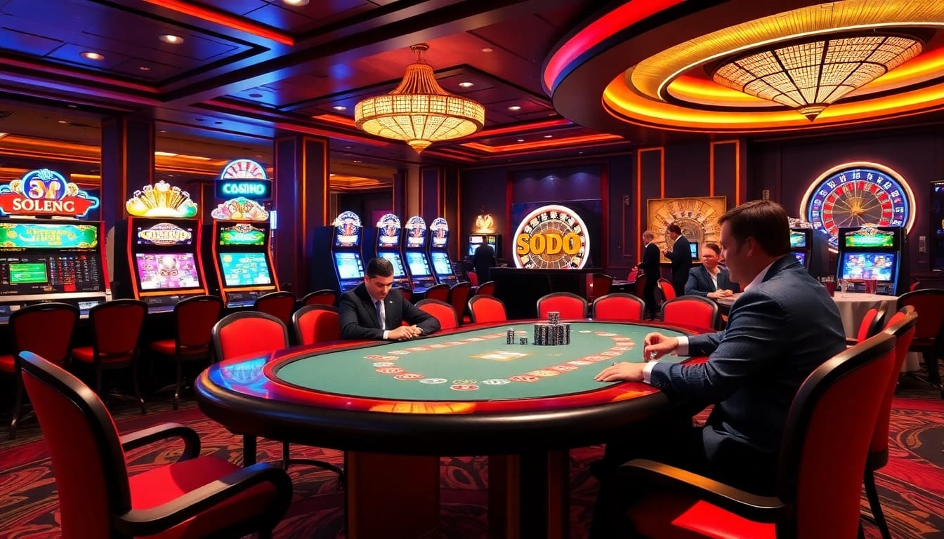 Experience the thrill of gaming at SODO Casino with vibrant tables and colorful slot machines.