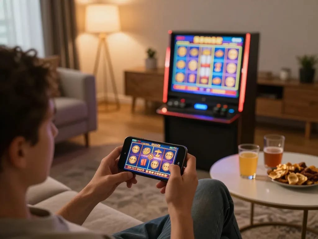 Engaging in thrilling slot games on go89 app from smartphone in a cozy living room
