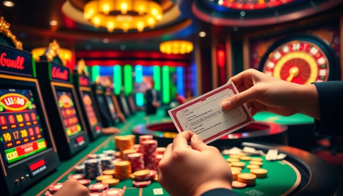 Experience the thrill of LEGO138 with vibrant slot machines and engaged gamblers in a luxurious casino setting.