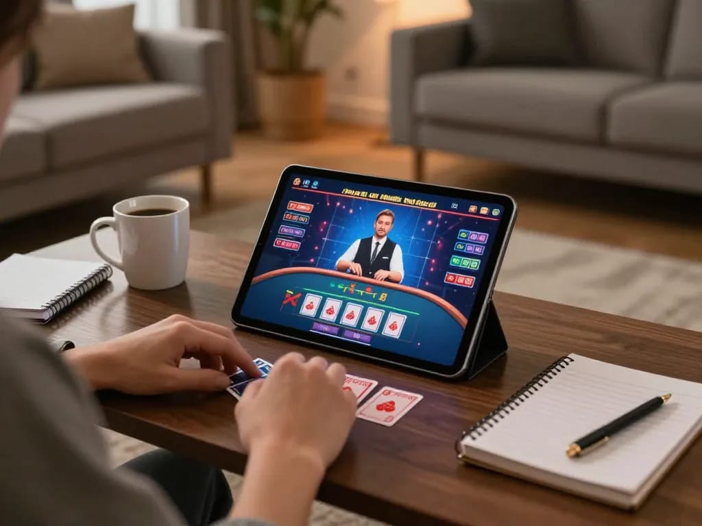 Engage in strategic online gambling with ZOWIN's live dealer games in a cozy home setup.