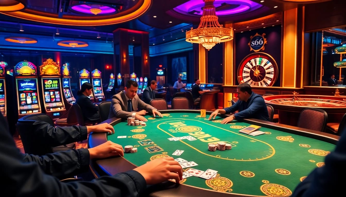 Players enjoying high-stakes poker at S666 casino, surrounded by vibrant slot machines and roulette wheels.