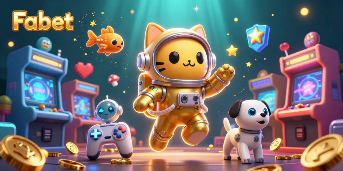 Experience Fabet's thrilling universe with a floating astronaut cat and its robot dog amid cosmic casino elements.