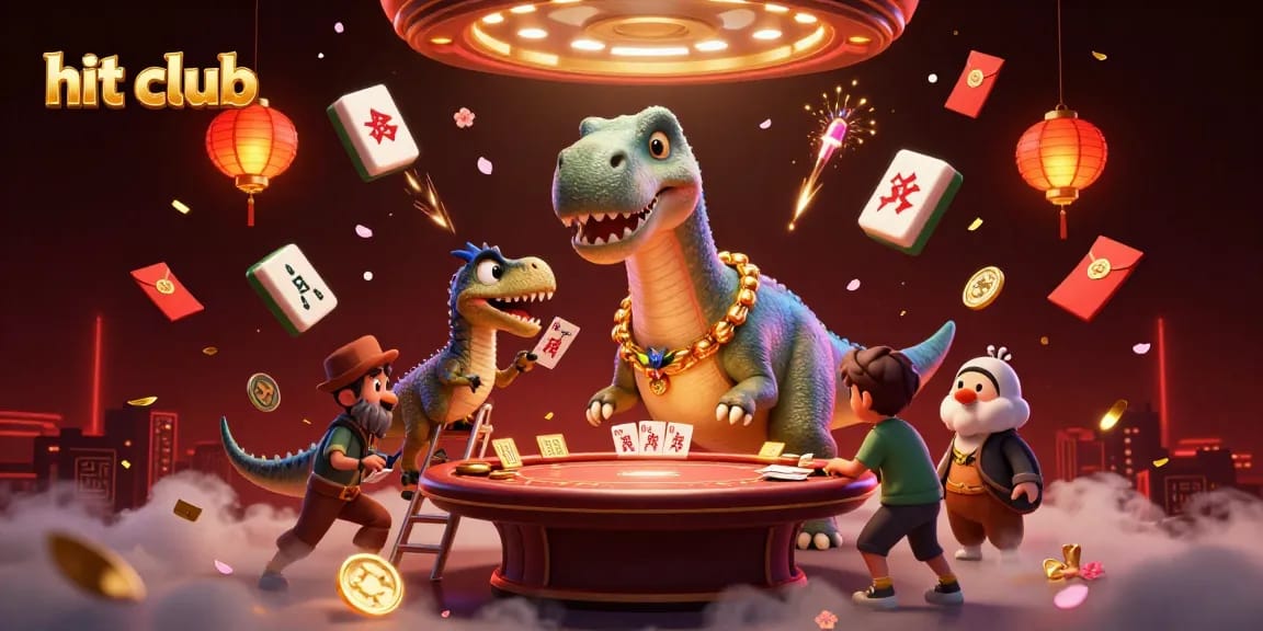 Engage with the hit club's vibrant casino atmosphere featuring friendly dinosaurs and festive elements.