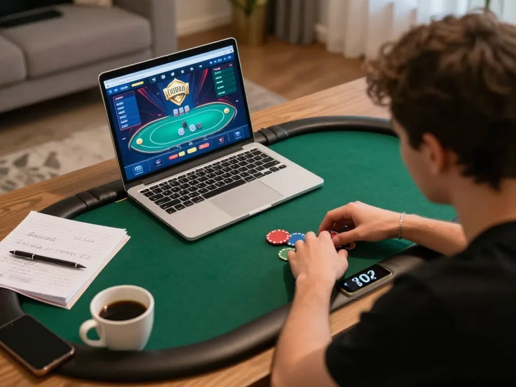 Player enjoying a thrilling session on 789bet's online poker platform in their cozy living room.