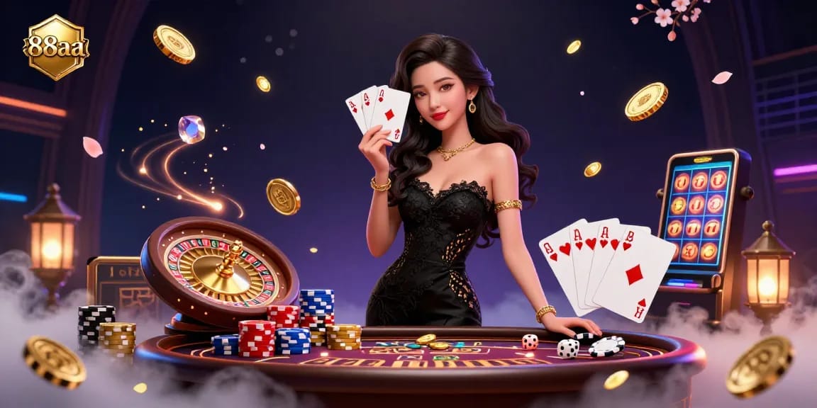 Experience excitement at 88aa casino with stunning visuals, including dazzling coins, vibrant chips, and classic games.
