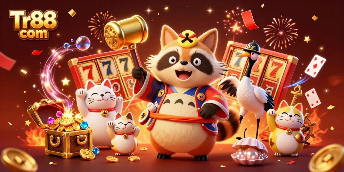 Engage with thrilling casino excitement at Tr88 com while celebrating with lucky tanuki and colorful cat companions.