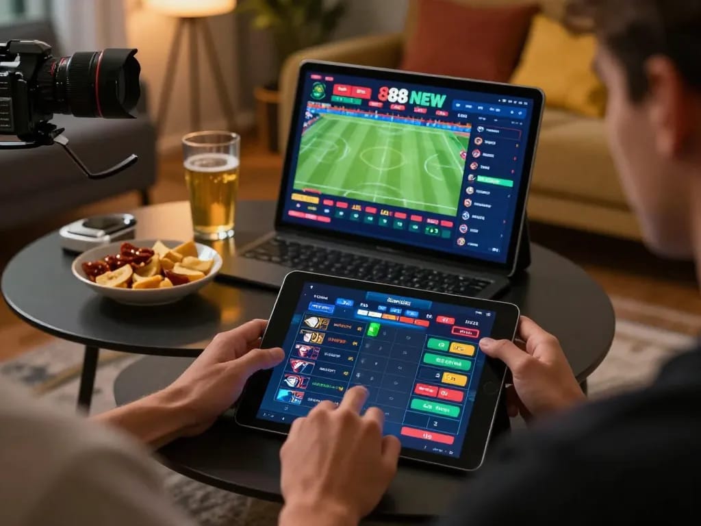 Engaging sports betting experience on 888 NEW with user placing bets on tablet.