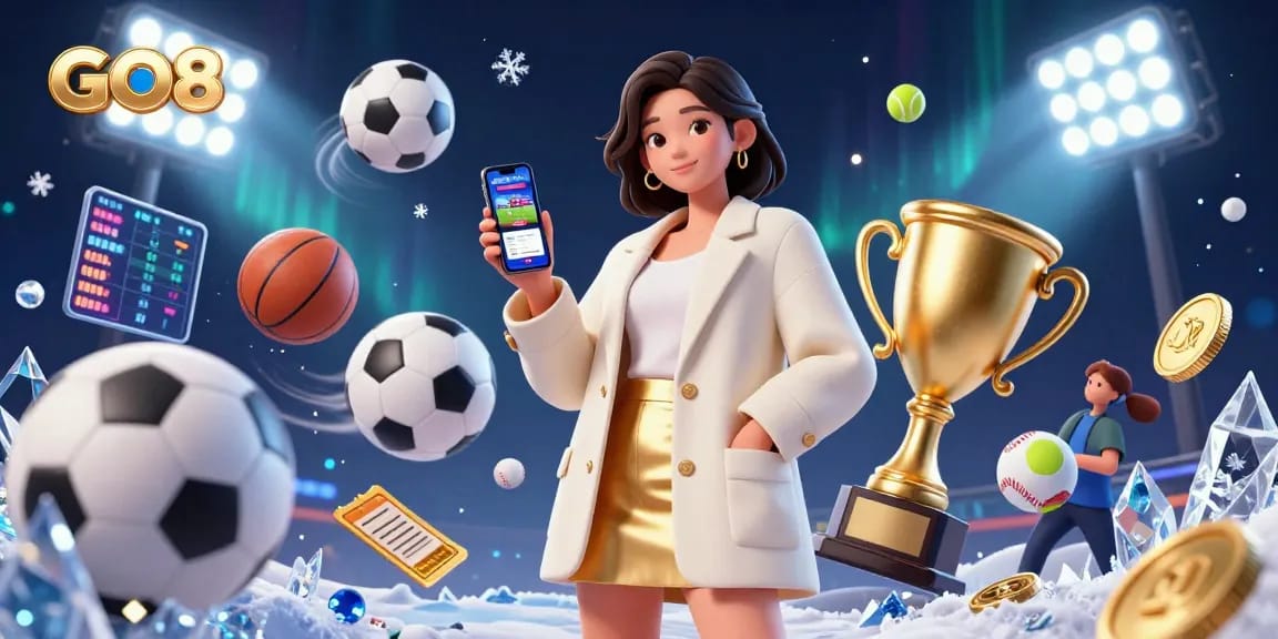 Engage with GO8 online sports betting, featuring a beautiful woman holding a smartphone app amidst dynamic sports elements.