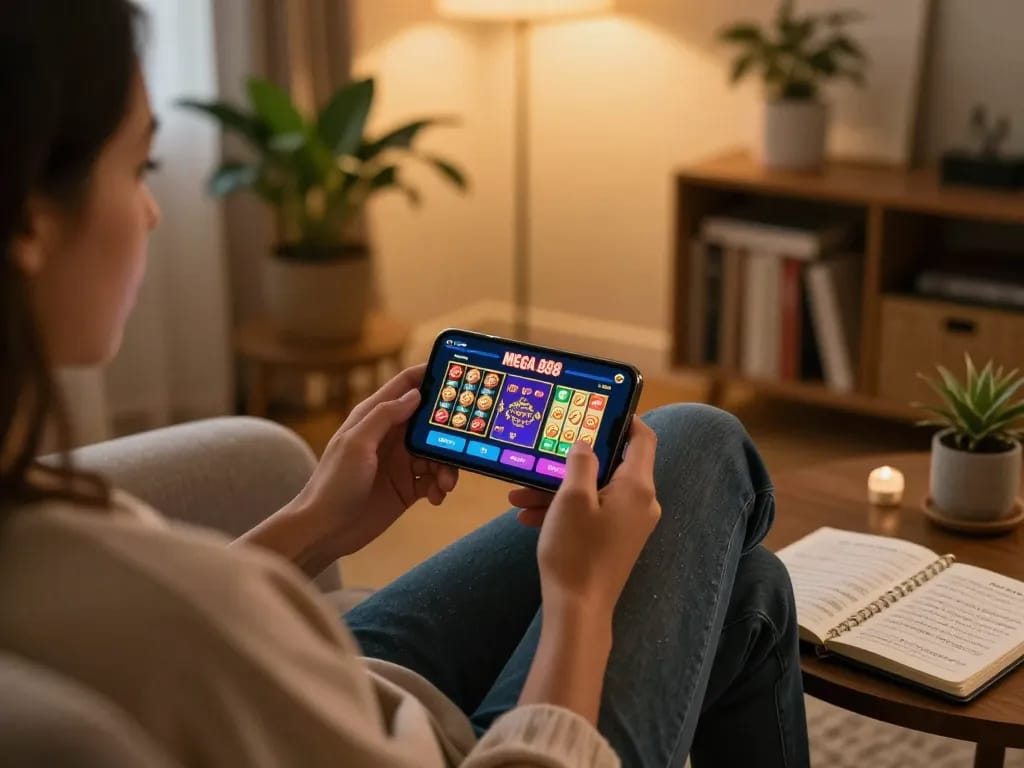 Player enjoying Mega 888 on smartphone while seated in a cozy home environment, showcasing online gambling lifestyle.