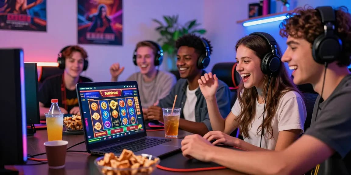 Friends enjoying bonus buy slots on a laptop in a lively gaming room