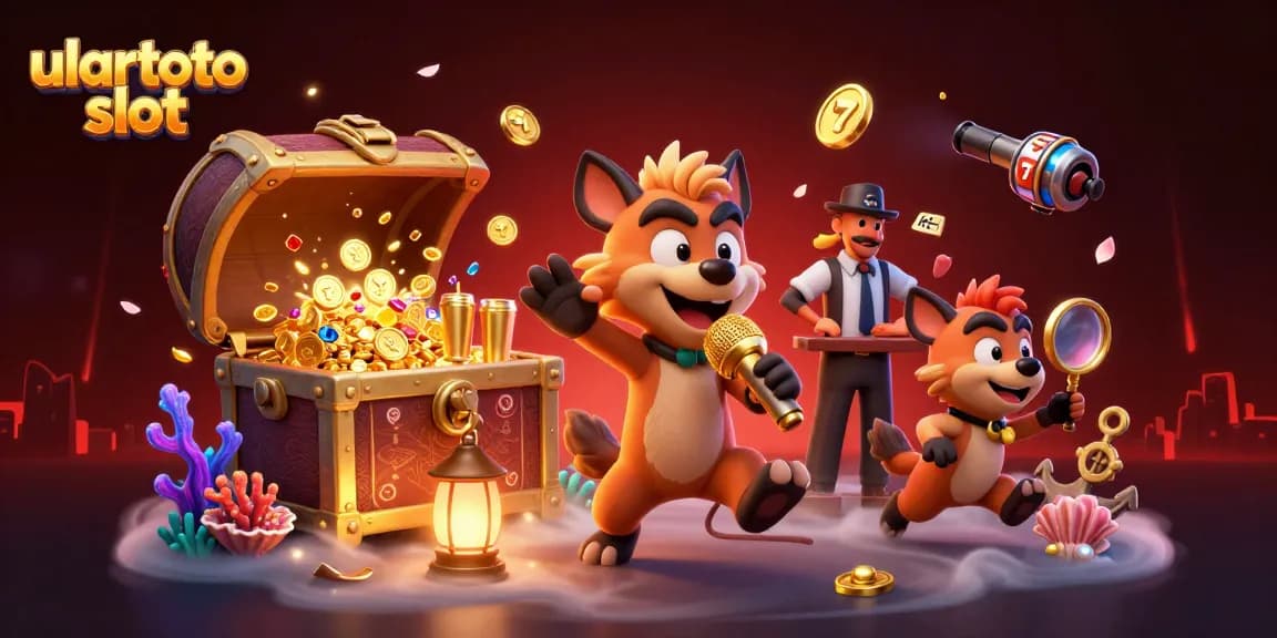 Ilustrasi kasino 3D ulartoto slot dengan hyena menghibur sambil bercanda di bar dan cek ID, penuh keindahan laut.