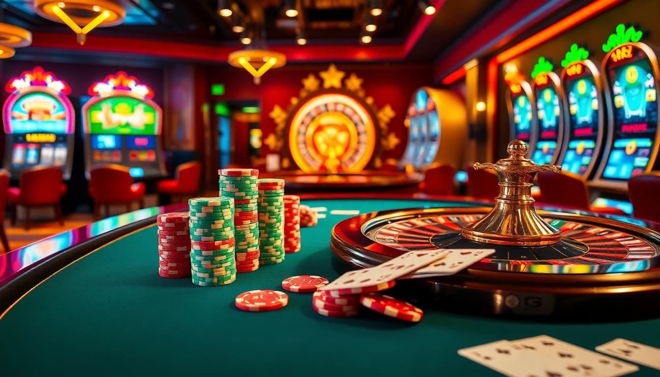 Gambling excitement at a luxurious casino with Okking-themed poker chips and roulette table.