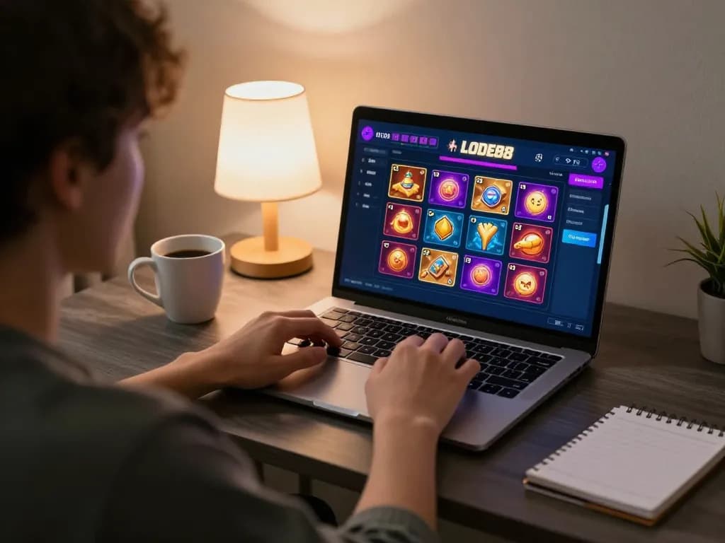 Engaging in online casino gaming with LODE88, illustrating a cozy, responsible gambling environment.