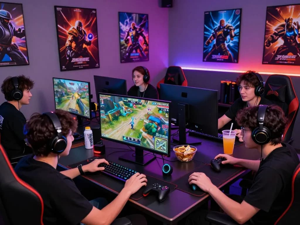 Bomwin gaming enthusiasts actively engaged in a vibrant online gaming environment with colorful LED lights.