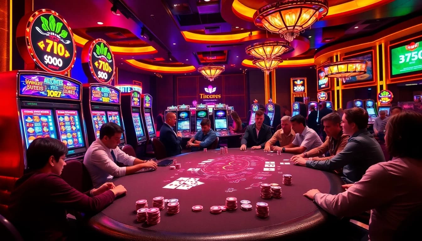 Exciting gaming action at 789club with poker players and vibrant slot machines.