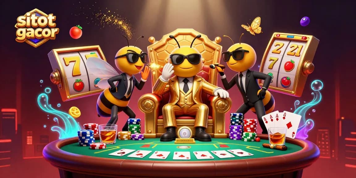 Experience situs slot gacor excitement with a dynamic 3D illustration of a bumblebee mob boss and casino elements.