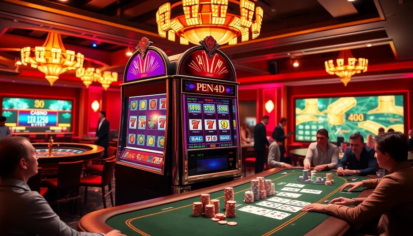 PEN4D players enjoying a thrilling slot machine experience surrounded by vibrant casino atmosphere.