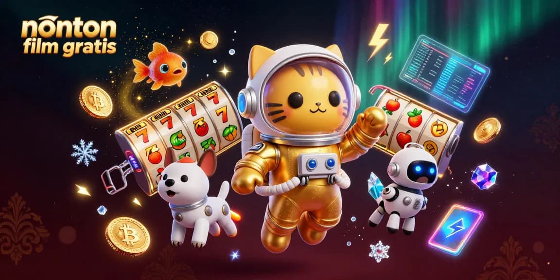 Nonton film gratis with a golden astronaut cat and robot dog amidst a vibrant casino scene.
