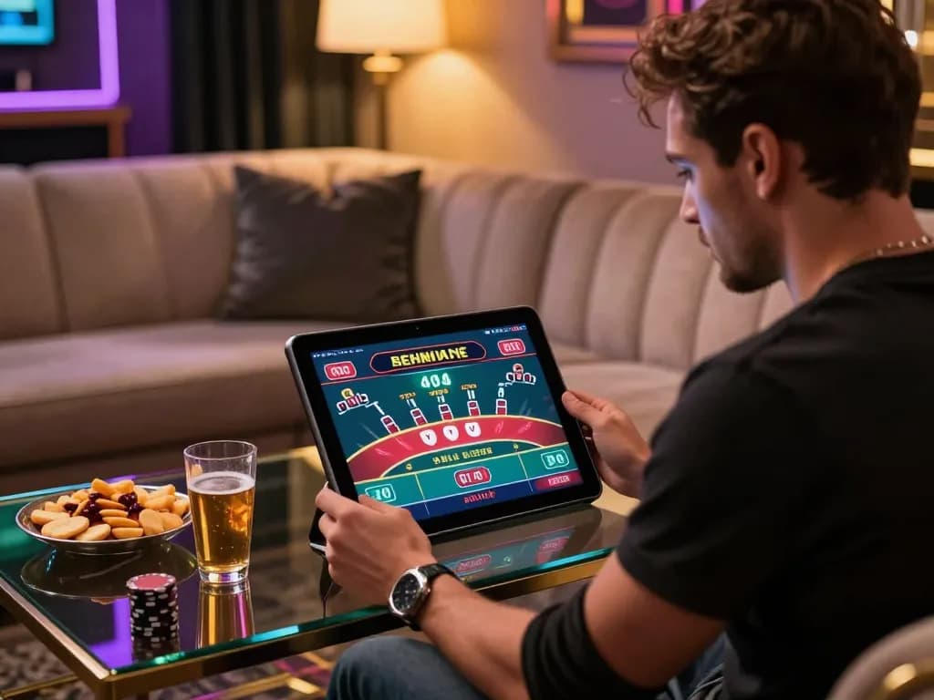 Player engaging in a live dealer blackjack game on ku88, showcasing strategic betting moments in a stylish home atmosphere.