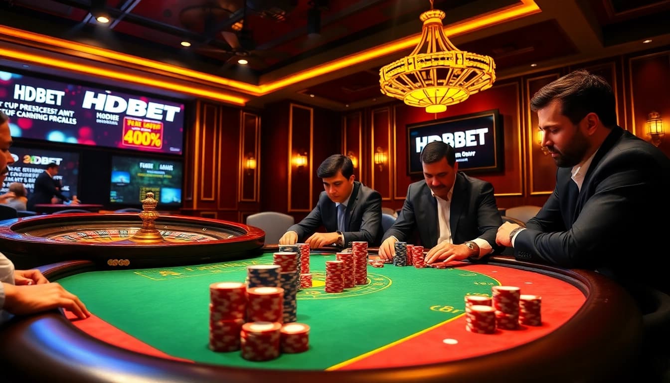 Engaging poker players at an HDBET table with vibrant chips and roulette wheel ambiance.