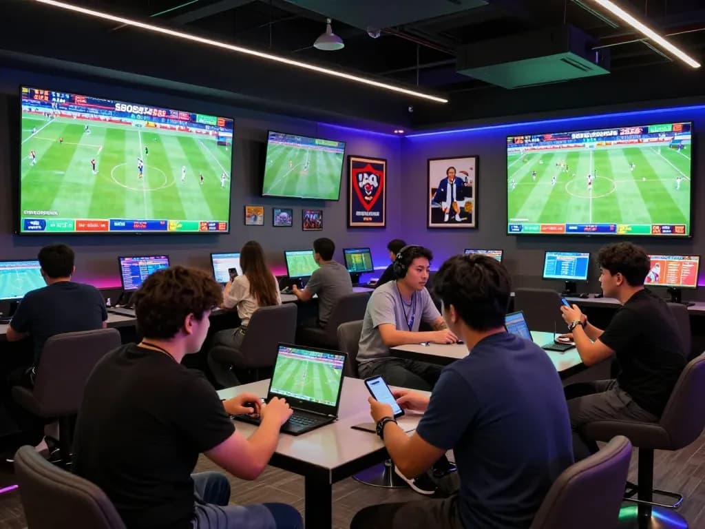 SBOBET88 bettors analyzing odds and placing bets in a vibrant sports betting lounge atmosphere